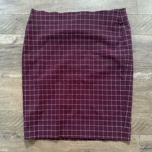 Elle Burgundy Windowpane Plaid Pencil Skirt | Classic Workwear Office | Large